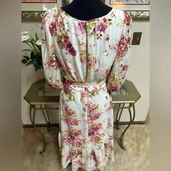 MAISON TARA PINK FLORAL RUFFLE SUMMER MIDI TIE SASH HI LOW DRESS SIZE SMALL🩷 - Picture 3 of 10